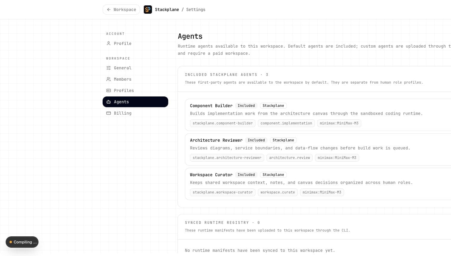 Stackplane control plane: governed, capability-scoped agents available to the workspace.